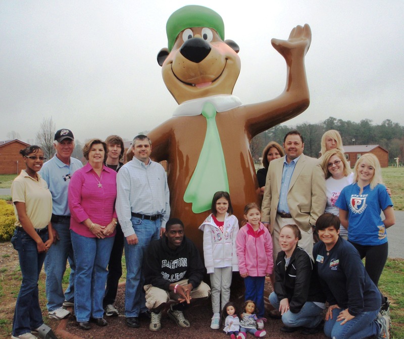 The staff of Jellystone Delaware Beaches gathers around Yogi Bear to welcome campers. In back (l-r) are Kaitlyn Payne, Jim McConaghy, Carol Wilkens, Ryan Bradley, Brent Fannin, Deena Fitzgerald (partially blocked), Mike Fannin, Joseph Stalvey, Allie Malloy and Hannah Williamson. In front are Bryson Cartwright, Lilliana Fannin, Elizabeth Fannin, Amy Hollis and Teena Stout. SOURCE SUBMITTED